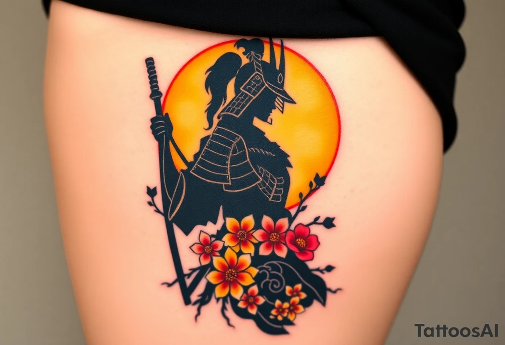 noble female samurai warrior silhouette at sunset with flowers, yellows and reds tattoo idea