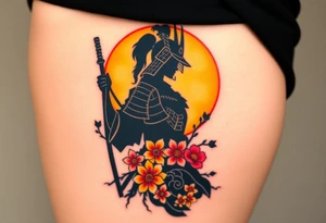 noble female samurai warrior silhouette at sunset with flowers, yellows and reds tattoo idea