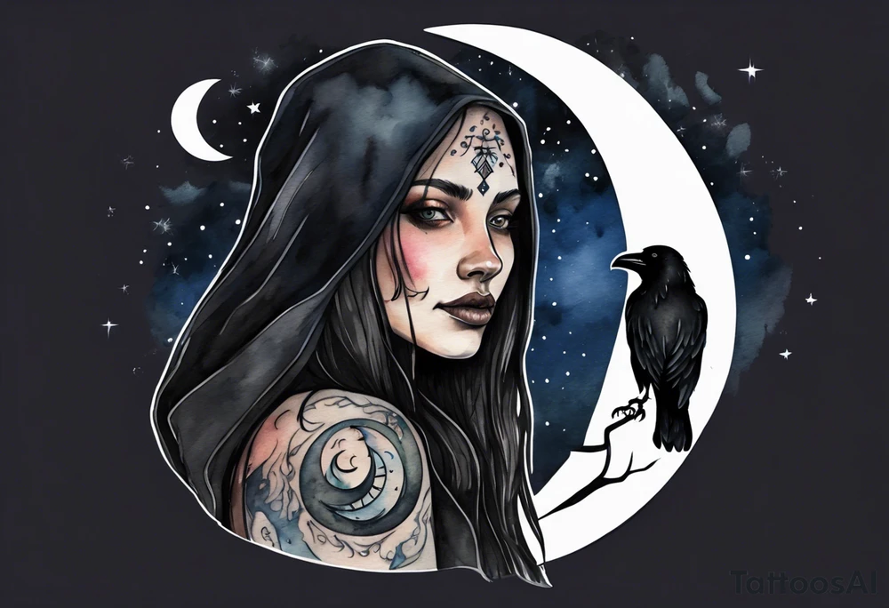 a Dakota woman wearing a black cloak, standing before the night sky with a crescent moon, a raven on her shoulder tattoo idea