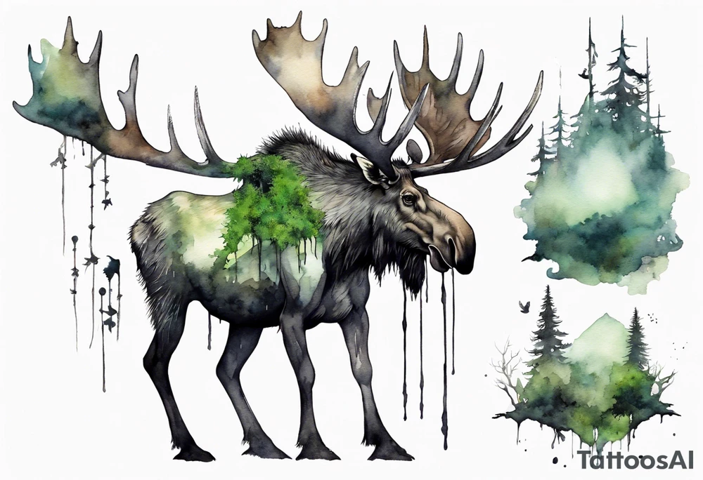 a giant moose covered in moss, ghostly crows perched on his antlers tattoo idea