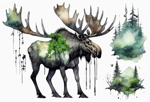 a giant moose covered in moss, ghostly crows perched on his antlers tattoo idea