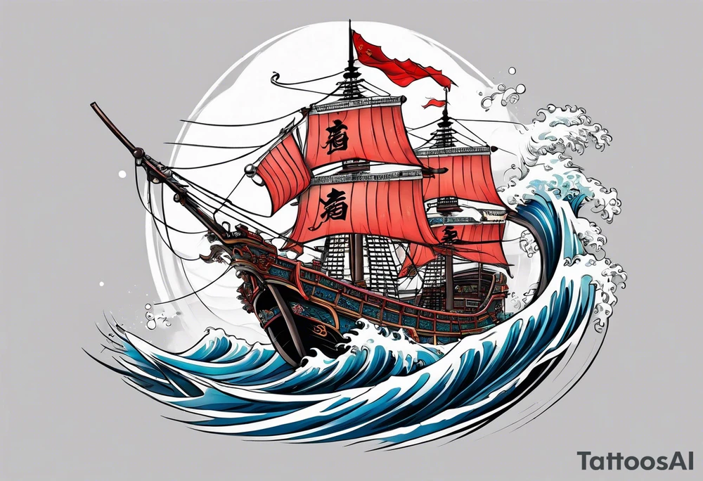 Chinese pirate ship in a tsunami tattoo idea