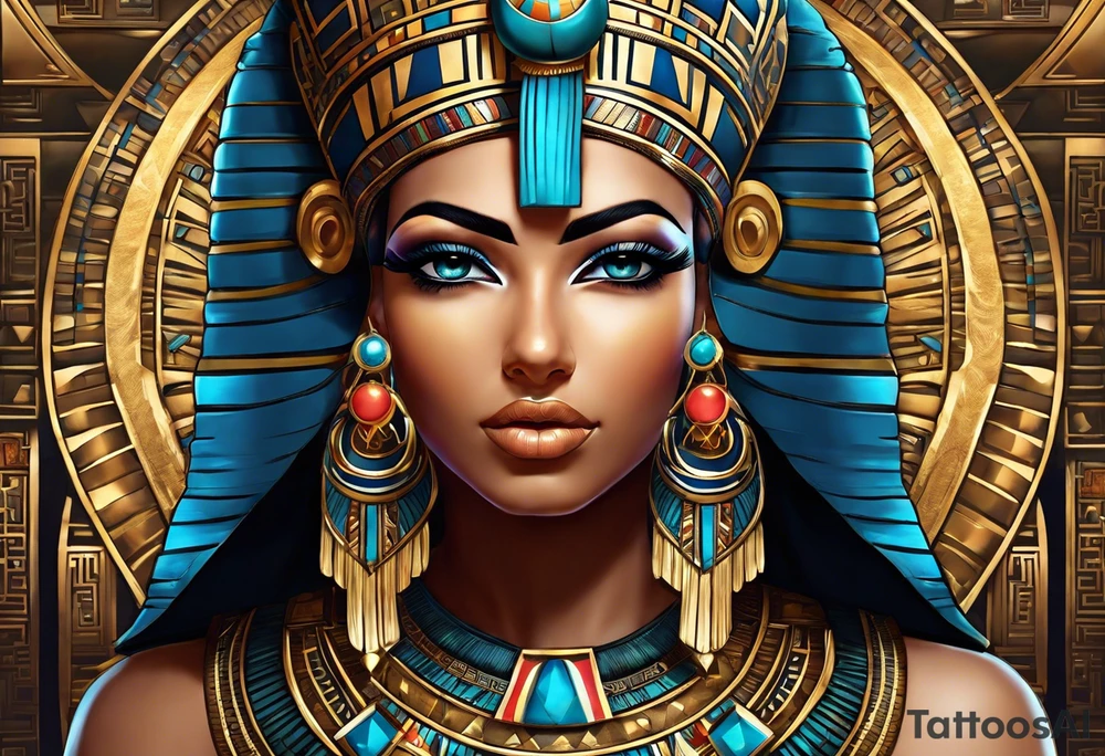 Egyptian figure girl. The figure should be full, include legs, featuring a regal headdress and detailed facial markings reminiscent of ancient Egyptian art. Include mystical and symbolic elements such as the Eye of Horus and ankh, blending subtly with geometric background patterns. 
Hyperrealism tattoo idea