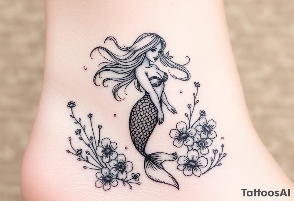 ethereal mermaid with flowing hair among coral and sea flowers tattoo idea