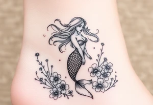 ethereal mermaid with flowing hair among coral and sea flowers tattoo idea