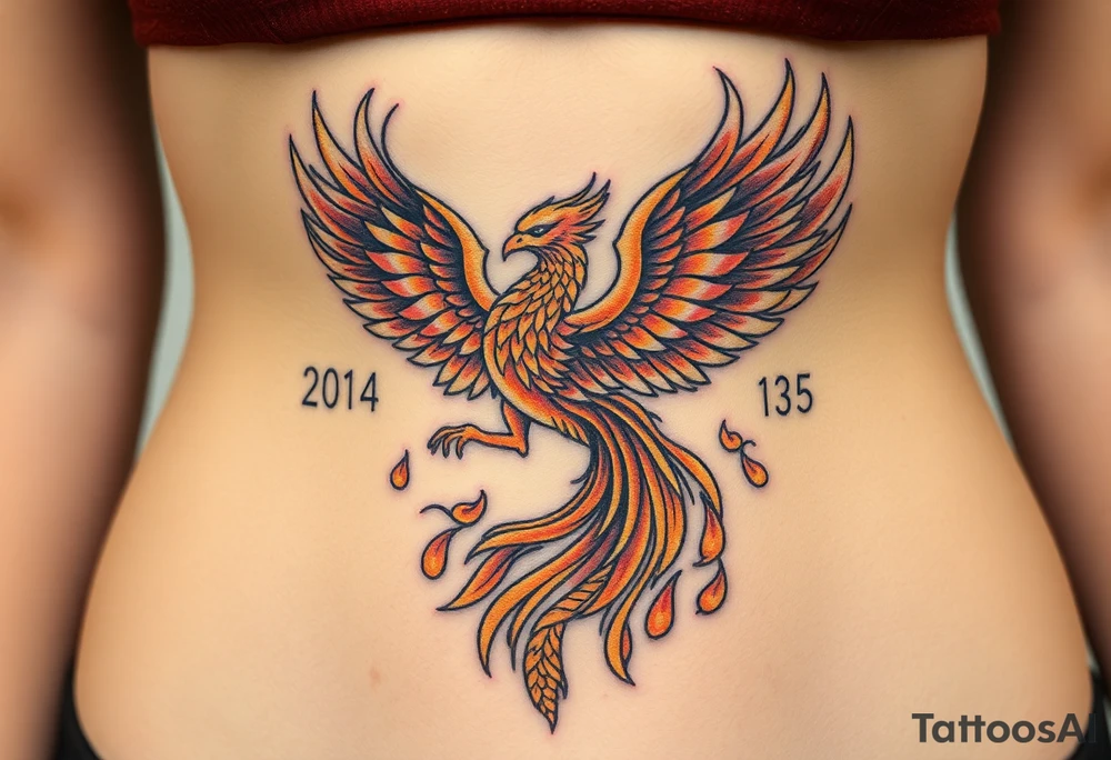 magnificent phoenix rising from golden flames with trailing embers tattoo idea