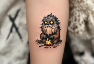 Domovoi Spirit – A small, bearded creature in fur and linen with glowing yellow eyes, sitting by a hearth with amber flames and wooden textures in brown and ochre. tattoo idea