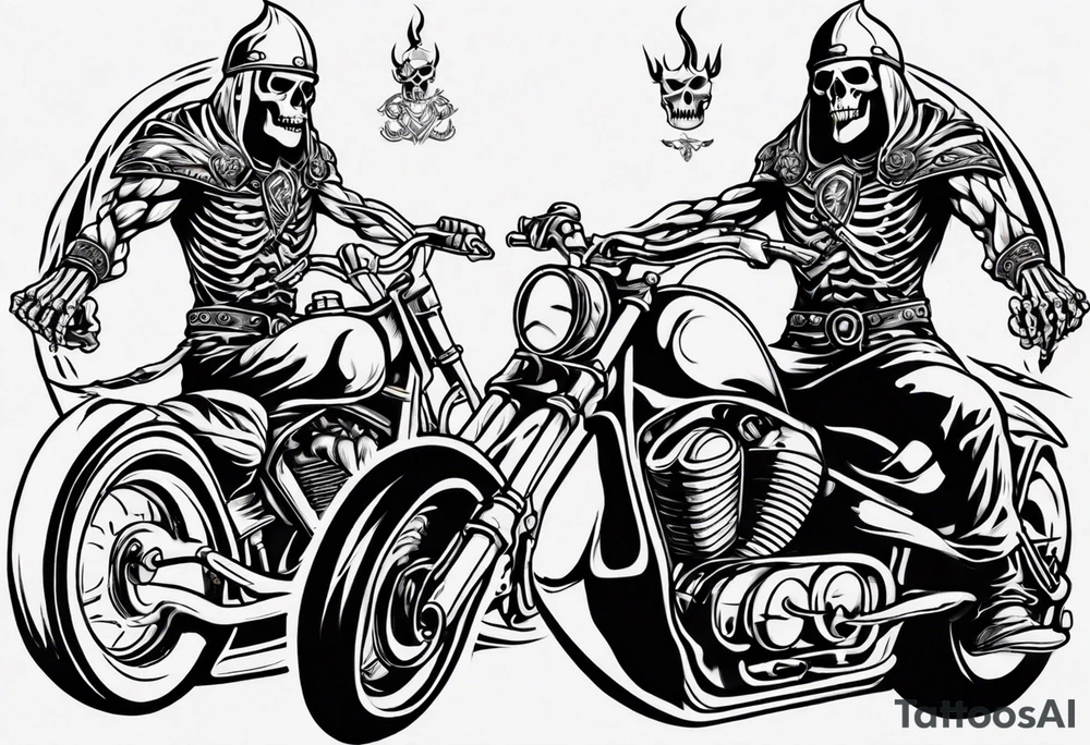 A viking skeleton riding a motorcycle with flames front view and a big viking in the background tattoo idea