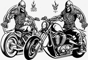 A viking skeleton riding a motorcycle with flames front view and a big viking in the background tattoo idea