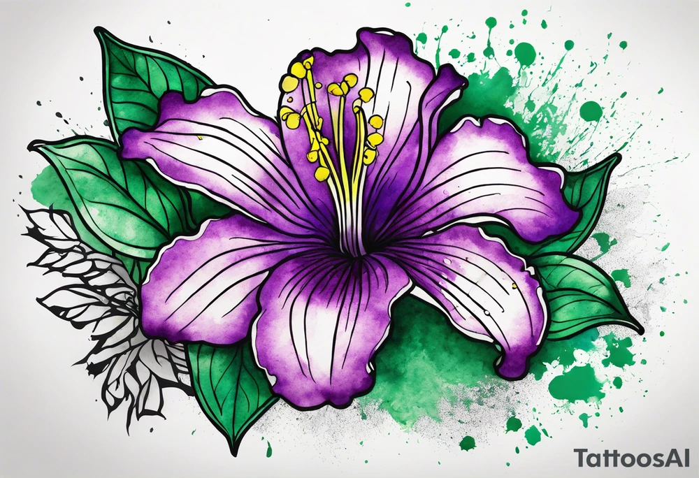 An outline of a rio dipladenia flower with a green and purple watercolor blotch splatter in the background tattoo idea