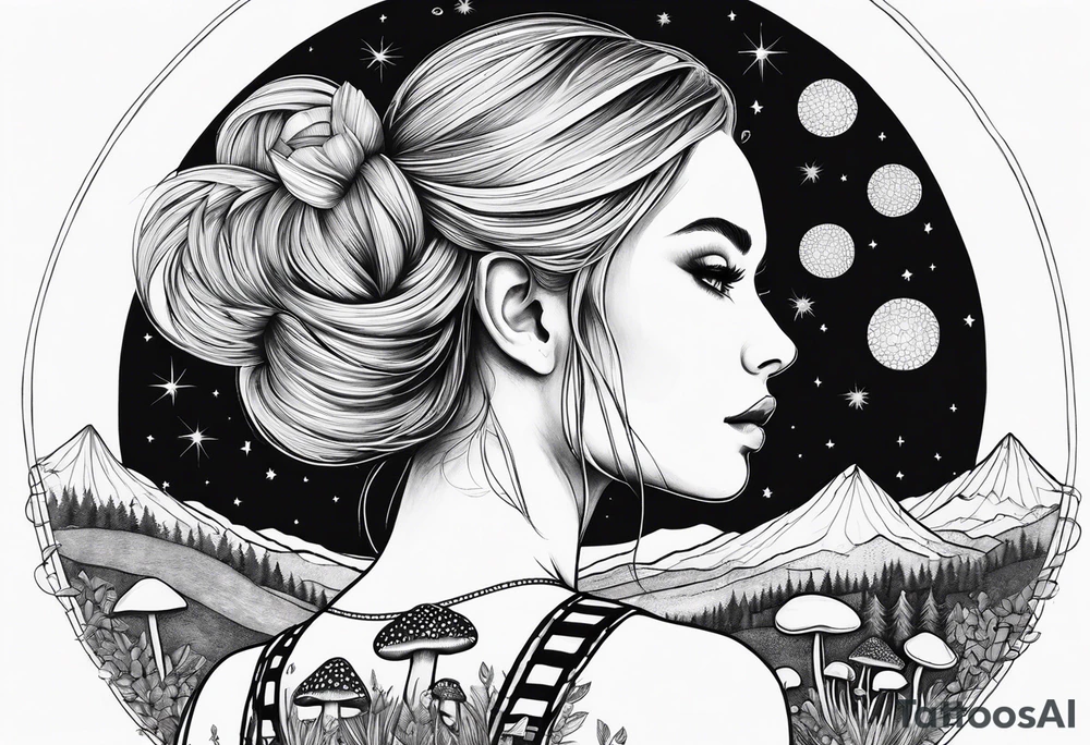 Straight blonde hair girl facing away toward mountains surrounded by mushrooms crescent moon mandala circular design black and white striped dress "8" tattoo idea