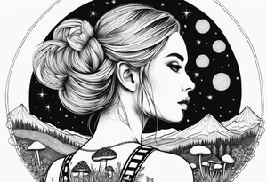 Straight blonde hair girl facing away toward mountains surrounded by mushrooms crescent moon mandala circular design black and white striped dress "8" tattoo idea
