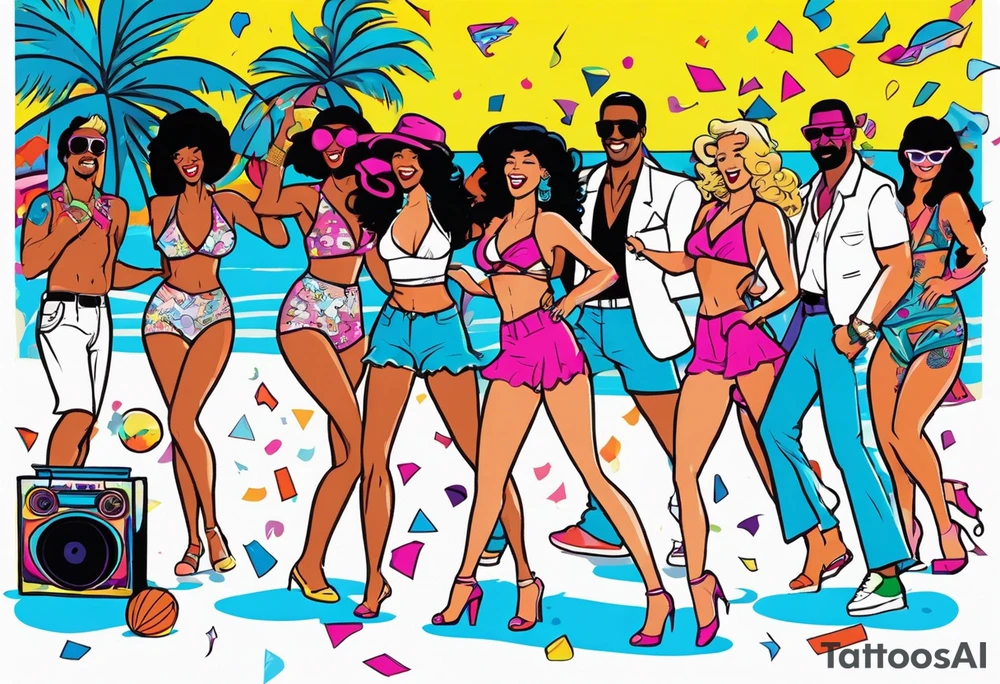 1980's miami vice style beach dance 
party, include confetti, music notes, boom box, bikinis tattoo idea