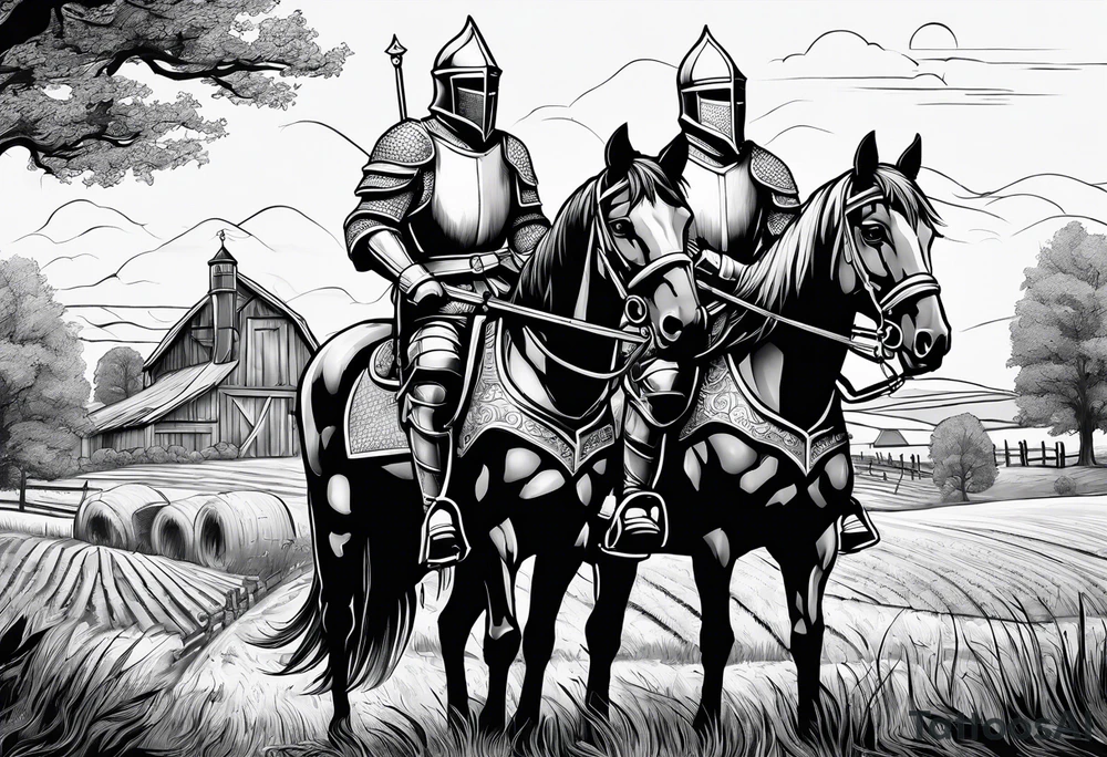 a knight with an old farm in the background and horses in the netherlands tattoo idea