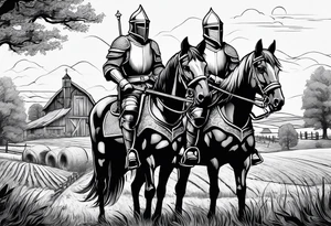 a knight with an old farm in the background and horses in the netherlands tattoo idea
