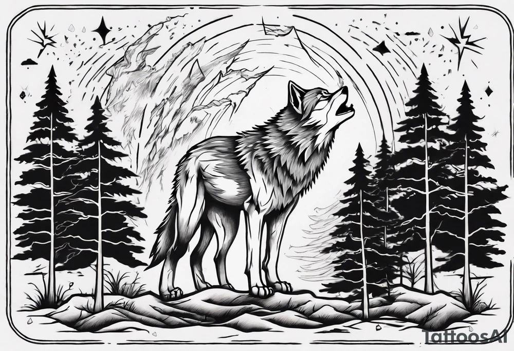 lightning over forest with wolf howling tattoo idea