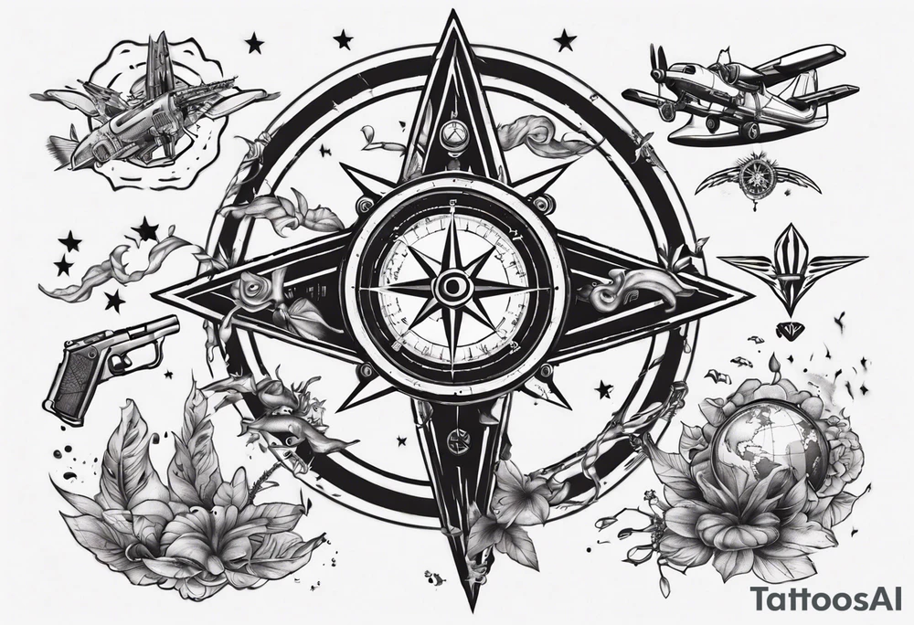 wonderlust with compass and skydiving and guns tattoo idea