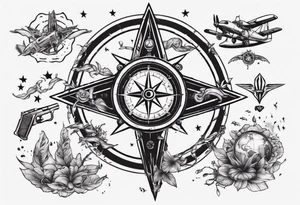 wonderlust with compass and skydiving and guns tattoo idea