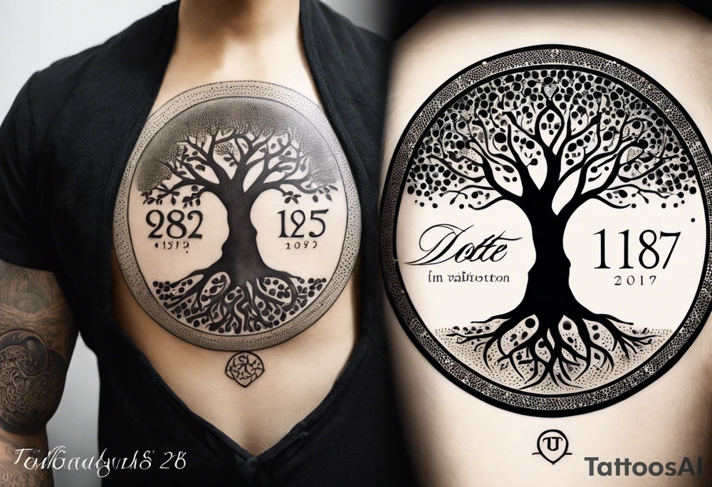 A Tree of Life in a circular design. The Dates 12.02.1985 and 21.02.1987 should be part of the tattoo, too. tattoo idea