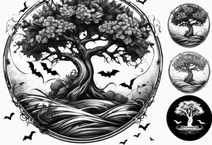 poison tree with wind and bats tattoo idea