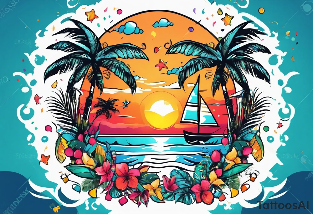SURFING SAFARI BEACH PARTY WITH CONFETTI AND MUSIC NOTES, TROPICAL DRINKS, BIKINIS tattoo idea