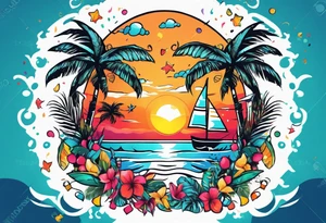 SURFING SAFARI BEACH PARTY WITH CONFETTI AND MUSIC NOTES, TROPICAL DRINKS, BIKINIS tattoo idea