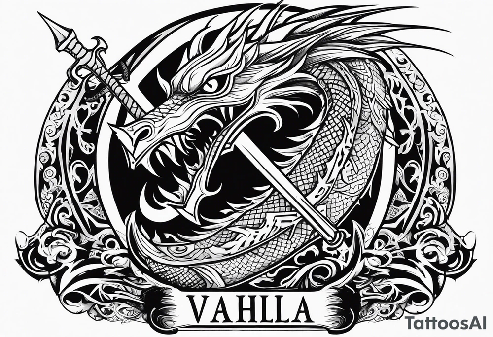 Valhalla sword dragon head axe tattoo idea