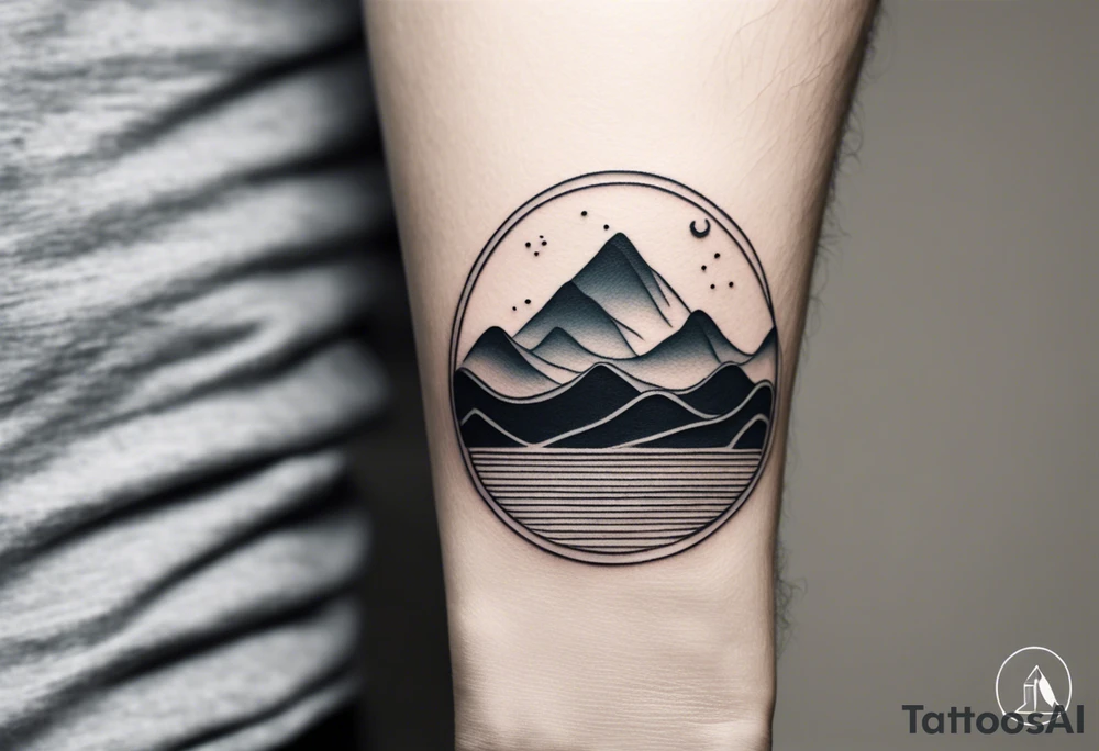 The tattoo starts at the wrist with a simple, clean line that represents the shoreline. Above this line, there are serene, rolling waves depicted in a minimalistic style—smooth curves that capture the essence of the ocean.

Moving upward, the waves gradually transition into a set of geometric mountains. These mountains are outlined with clean, straight lines, creating a sharp yet simple silhouette against the canvas of your forearm. The peaks of the mountains form a subtle V shape, symbolizing strength and resilience.

Above the mountains, a small, circular sun completes the design. The sun is composed of bold, yet uncomplicated lines, radiating simplicity and warmth. The circular shape of the sun adds balance to the overall composition, creating a harmonious blend with the waves and mountains. tattoo idea