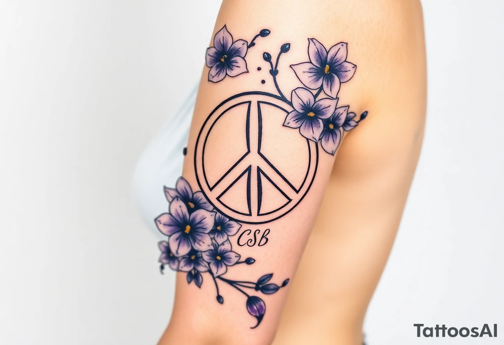 peace symbol intertwined with violets Pisces symbol, dog prints, amethyst, initials csb in cursive font tattoo idea