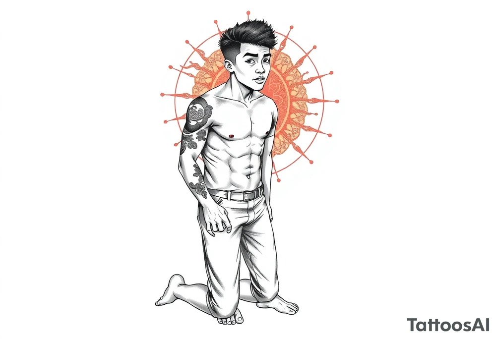 Handsome Asian young guy is standing on his knees upset tattoo idea