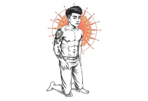 Handsome Asian young guy is standing on his knees upset tattoo idea