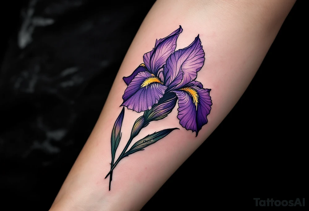 big purple flower with the name “IRIS” written in the stem of the flower in cursive on the outside of the forearm tattoo idea