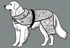 a golden retriever in a kimono full body view wearing a black belt tattoo idea