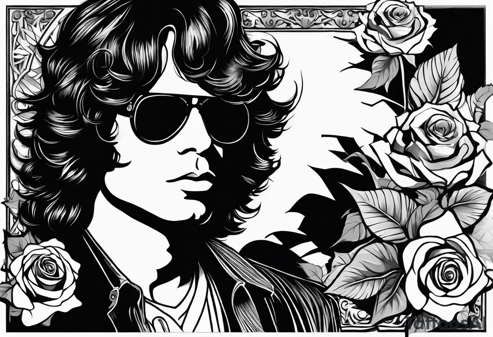 would like a black and white sleeve feautiring Jim Morrison (existing)
 on the upper arm, would like roses and psychadelic shapes in between, Hendrix's guitar, Joplins glasses and Johhn Cash portrait

As a sleeve design for the left arm tattoo idea