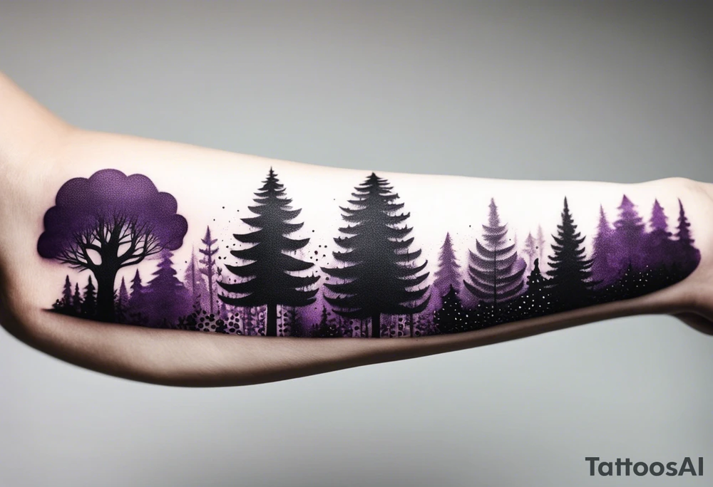 forest, purple and black, on hand, full wrapped, blackwork tattoo idea