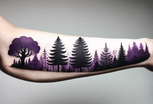 forest, purple and black, on hand, full wrapped, blackwork tattoo idea