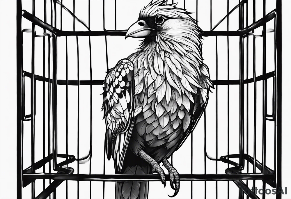 really big bird in a long but really too small cage for him. Add decoration on the left top of the cage like 
foliage tattoo idea