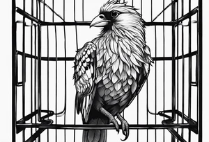 really big bird in a long but really too small cage for him. Add decoration on the left top of the cage like 
foliage tattoo idea