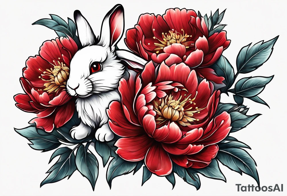 Red peony with small rabbit on a petal tattoo idea