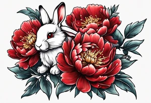 Red peony with small rabbit on a petal tattoo idea