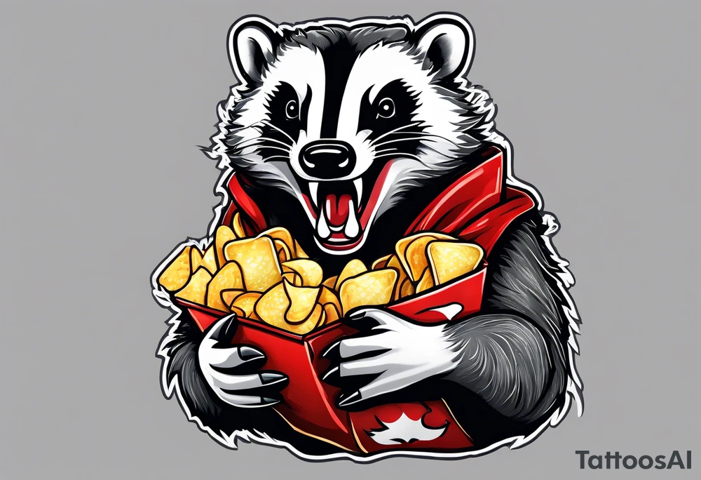 Angry badger with mouth open holding bag of chips tattoo idea