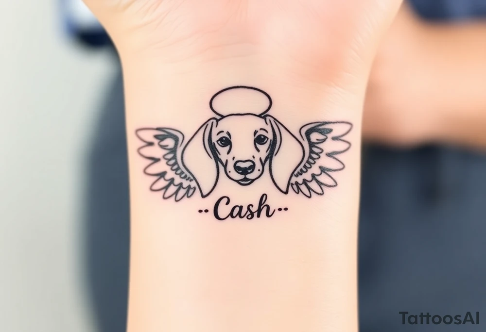 Dachshund ears inside wings with a halo above and the name Cash tattoo idea