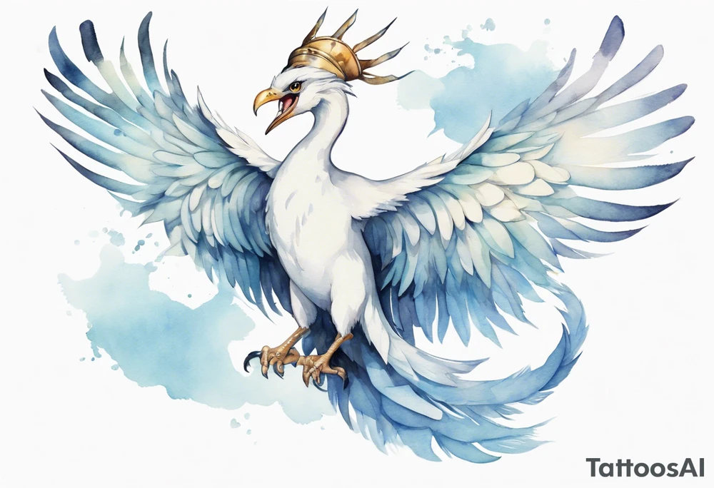 a watercolor of a white bird-serpent hybrid wearing a plain crown, with light blue wing feathers, flying in the sky tattoo idea