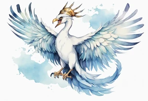 a watercolor of a white bird-serpent hybrid wearing a plain crown, with light blue wing feathers, flying in the sky tattoo idea