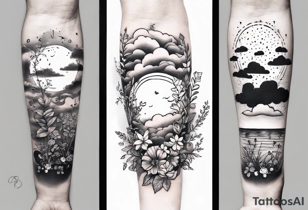 forearm tattoo of a clouds with little plants and the date 12.08.05 tattoo idea