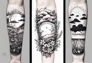 forearm tattoo of a clouds with little plants and the date 12.08.05 tattoo idea