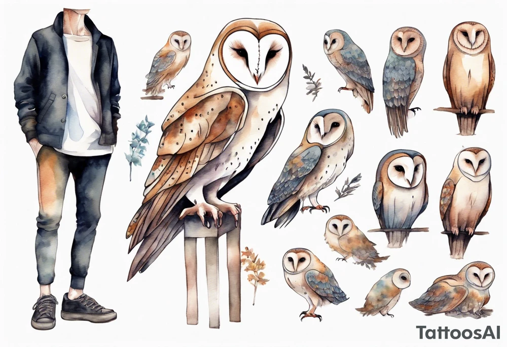 a skinny man with long legs and the head of a barn owl wearing wool leggings and shoes with curled toes tattoo idea
