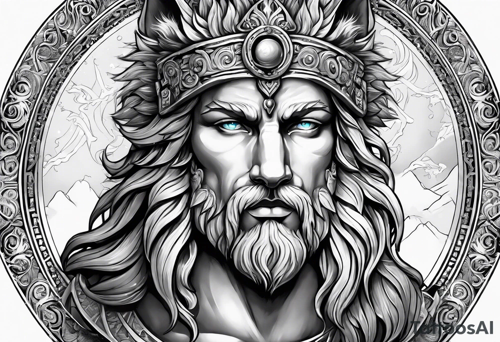 greek god zeus, full sleeve, attractive female face with wolf headress, chemical formula for protein, wolf, full body zeus tattoo idea