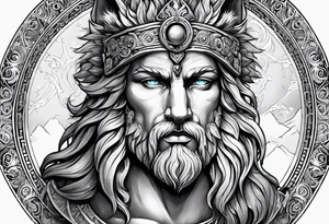 greek god zeus, full sleeve, attractive female face with wolf headress, chemical formula for protein, wolf, full body zeus tattoo idea