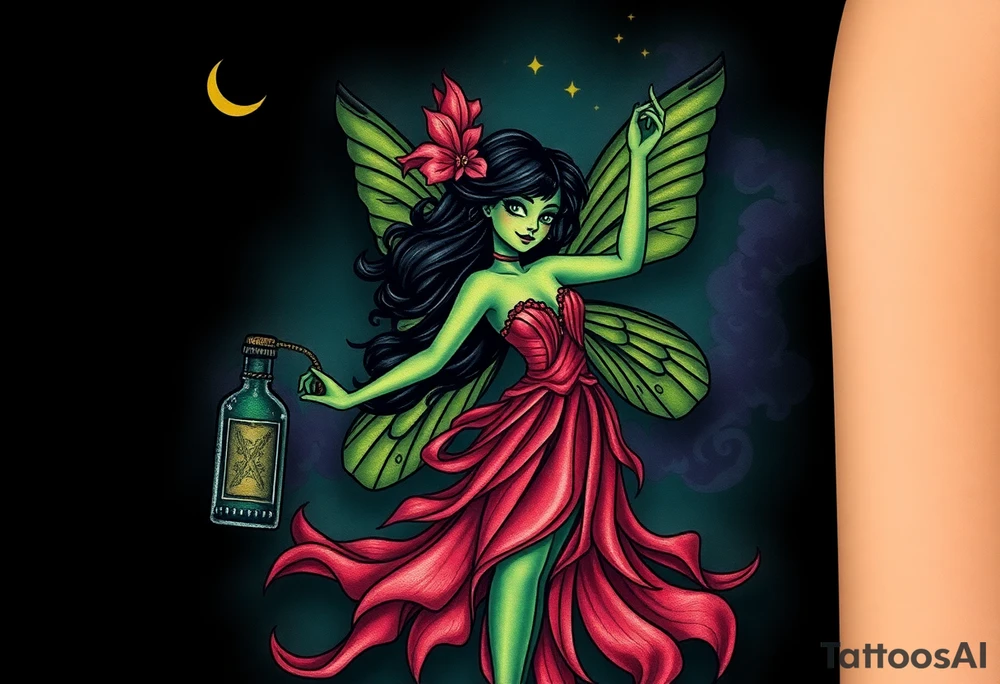Tim Burton’s pin up style Vintage Parisian elegant and hauntingly beautiful yet eerie full body absinthe Green Fairy dances outside her victorian crystal decatur absinthe bottle Absinthe Art Nouveau   and dripping with muted reds, dusty pinks, and eerie green glow.purple and cyan smokey clouds swirl in the crescent moonlit sky thats sprinkled with stars tattoo idea